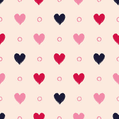 Vector black red hearts dots ecru seamless pattern