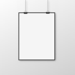 White poster hanging with binder on white background. Vector