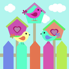 Spring birds, birdhouses, fence, sky, clouds vector clipart