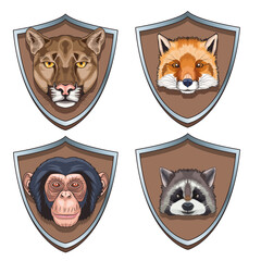 bundle of four animals heads characters in shields