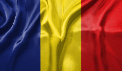 Romania flag wave close up. Full page Romania flying flag. Highly detailed realistic 3D rendering