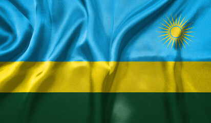 Rwanda flag wave close up. Full page Rwanda flying flag. Highly detailed realistic 3D rendering