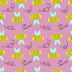 Seamless canvas with bee and dotted curls on a pink background.