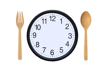 Watches without long and short hands with spoon and fork on white background. 