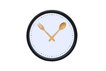 A clock with a spoon and fork in the hands of a clock.