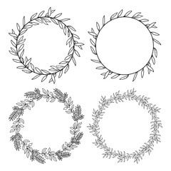 Hand-drawn Floral wreath set on white background-Vector Illustration