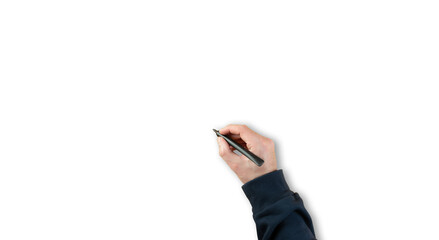 close-up of man writing on white surface with black felt tip pen or marker, template with copy space