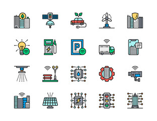 Set of Smart City Color Line Icons. Clean Town, Space Satellite Station and more