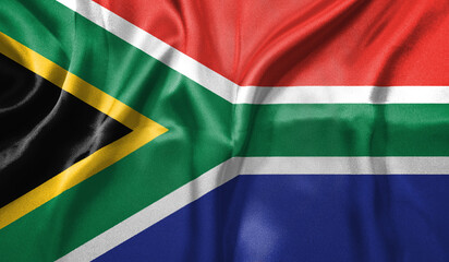 Fototapeta premium South Africa flag wave close up. Full page South Africa flying flag. Highly detailed realistic 3D rendering