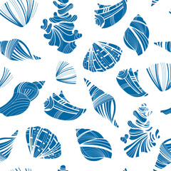 Seamless pattern with collection seashells. Graphic background with shellfish and sea shells. Nautical texture. Print with a beach theme. Design element with marine life.