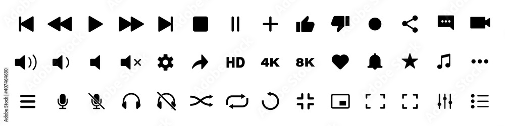Poster video media player icons vector set. multimedia music audio control. mediaplayer interface symbols. 