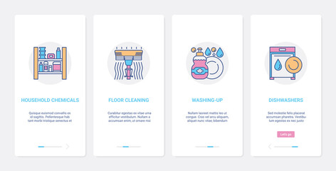 Household service products, cleaning equipment vector illustration. UX, UI onboarding mobile app page screen set with line housework chemicals mop tools to clean home, dishwasher cleaner symbols