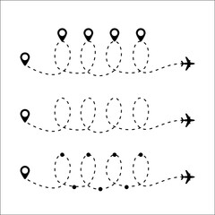 Plane route vector icon illustration. Airplane path on map. Jet way isolated on white background. Route from airport to destination. Love to travel concept.