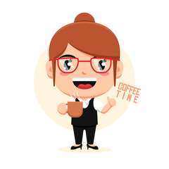 Character of woman holding cup of coffee with eyeglasses, smart girl, flat design illustration