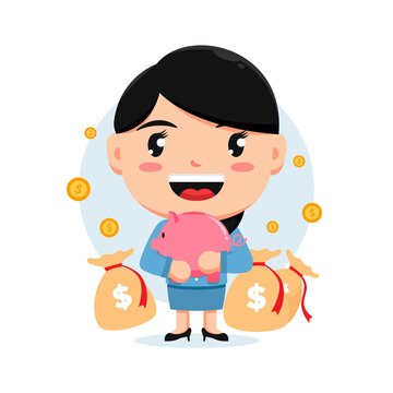 Character of woman holding piggy bank money and sack of money, smart girl, flat design illustration