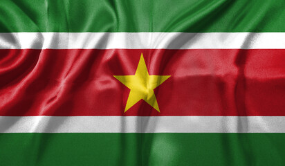 Suriname flag wave close up. Full page Suriname flying flag. Highly detailed realistic 3D rendering