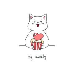 My sweety. Illustration of a cute cat holding a cupcake decorated with a pink heart in his paws. St. Valentine's day concept. Vector 10 EPS 