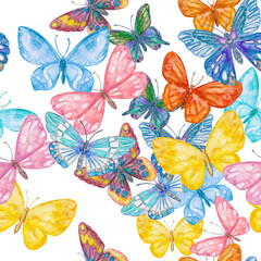 Naklejka na ściany i meble Romantic seamless texture with flying cute colorful butterflies. watercolor painting