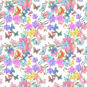 graceful seamless texture with fancy flowering plants and flying butterflies. watercolor painting