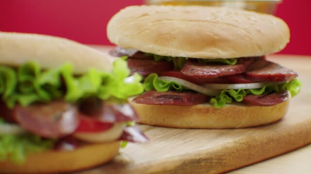 Hamburger made with Turkish sausage ( sucuk) . Turkish sausage ( sucuk) .