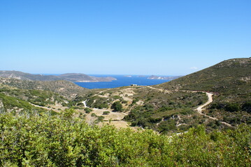 A panoramic view of the island of Milos in the Cyclades, Greece