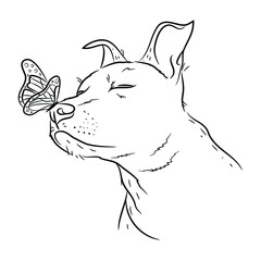 Vector illustration of isolated doodle sketch dog with a bow tie on the nose. Contented dog fashion with closed eyes. A symbol of love for animals, for dogs.