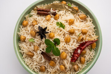 Indian veg Chana Pulav also known as Chickpea biryani, pulav or pilaf