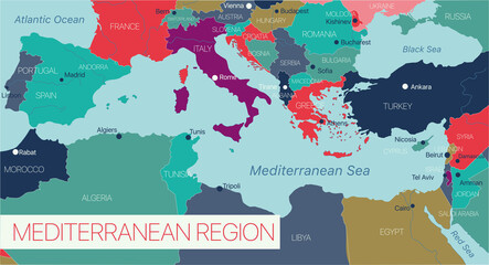 Mediterranian sea region detailed editable map with countries capitals. Vector EPS-10 file