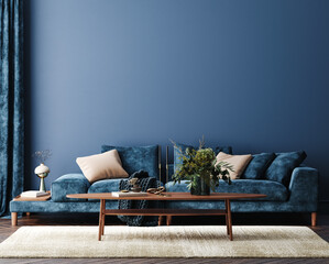 Home interior mock-up with blue sofa, table and decor in living room, 3d render