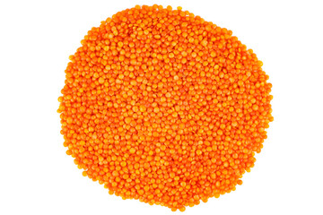 Pile of red lentils on white background