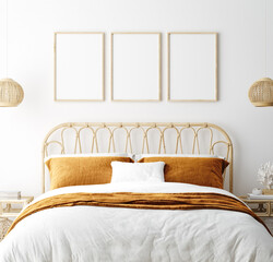 Mockup frame in bedroom interior background, Coastal boho style, 3d render © artjafara