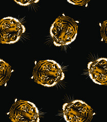 Vector trendy seamless pattern with a picture of a tiger head on a black background.