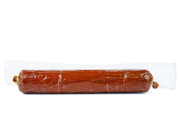 Horse sausage in plastic vacuum package isolated on white background.