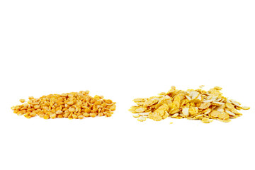 Pile of split peas and flakes isolated on white background.