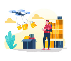 The courier delivers the package by drone to the customer address, modern technology delivery services
