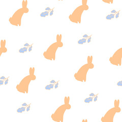 Seamless pattern with hand drawn rabbit and leaves in doodle style,child illustration with bunny,print for wrapping paper,wallpaper,interior design,bookend in simple kids style,white background