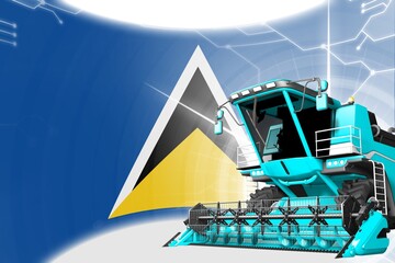 Digital industrial 3D illustration of blue advanced farm combine harvester on Saint Lucia flag - agriculture equipment innovation concept