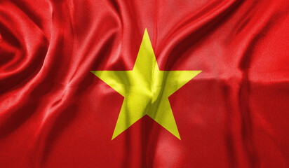 Vietnam flag wave close up. Full page Vietnam flying flag. Highly detailed realistic 3D rendering