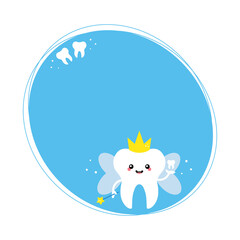 Cute blue vector background with cartoon tooth fairy character for kids dental care.
