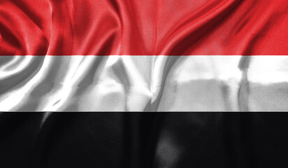 Yemen flag wave close up. Full page Yemen flying flag. Highly detailed realistic 3D rendering