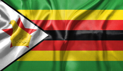 Zimbabwe flag wave close up. Full page Zimbabwe flying flag. Highly detailed realistic 3D rendering