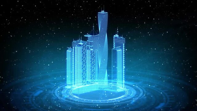 cg 3D animation of industry, outlined urban district rotates