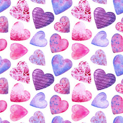 Watercolor seamless pattern with hearts for valentine's day or wedding.