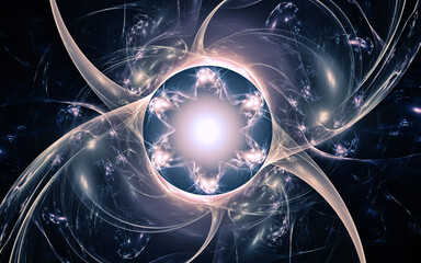 background image desktop wallpaper abstract illustration fantastic flower of six petals with a bright glowing middle inscribed in a circle with flying magical yellow ribbons around