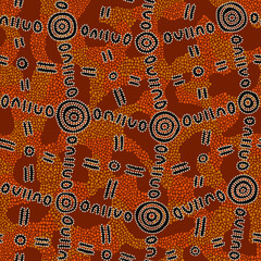 Seamless vector pattern including ethnic Australian motive with dotted different elements on orange background