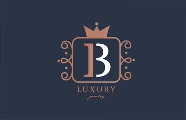 B monogram alphabet letter logo icon in white and blue color. Creative design with king crown for luxury business and company
