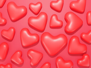  Red hearts with a soft red color background in different angles. Concept Idea.3d rendering illustration.