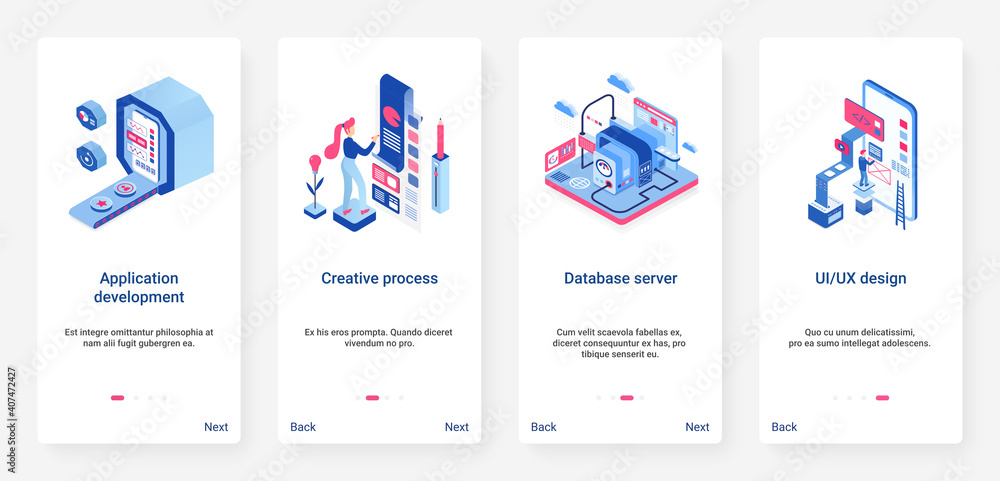 Poster Application creative development vector illustration. UX, UI onboarding mobile app page screen set with cartoon 3d designer people programming, creating website design, working with database server