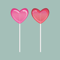 lollipops in the form of hearts in pink and red close-up. Vector sweets, candy isolated on a pastel background