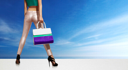 Spring summer Fashion. Woman with handbag purse with heels shoes